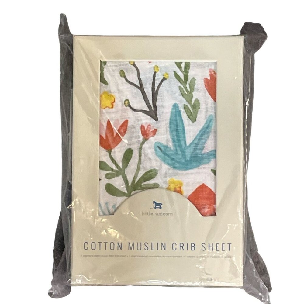Little Unicorn Crib Sheet Cotton Muslin White Base Abstract Floral‎ Meadow Print